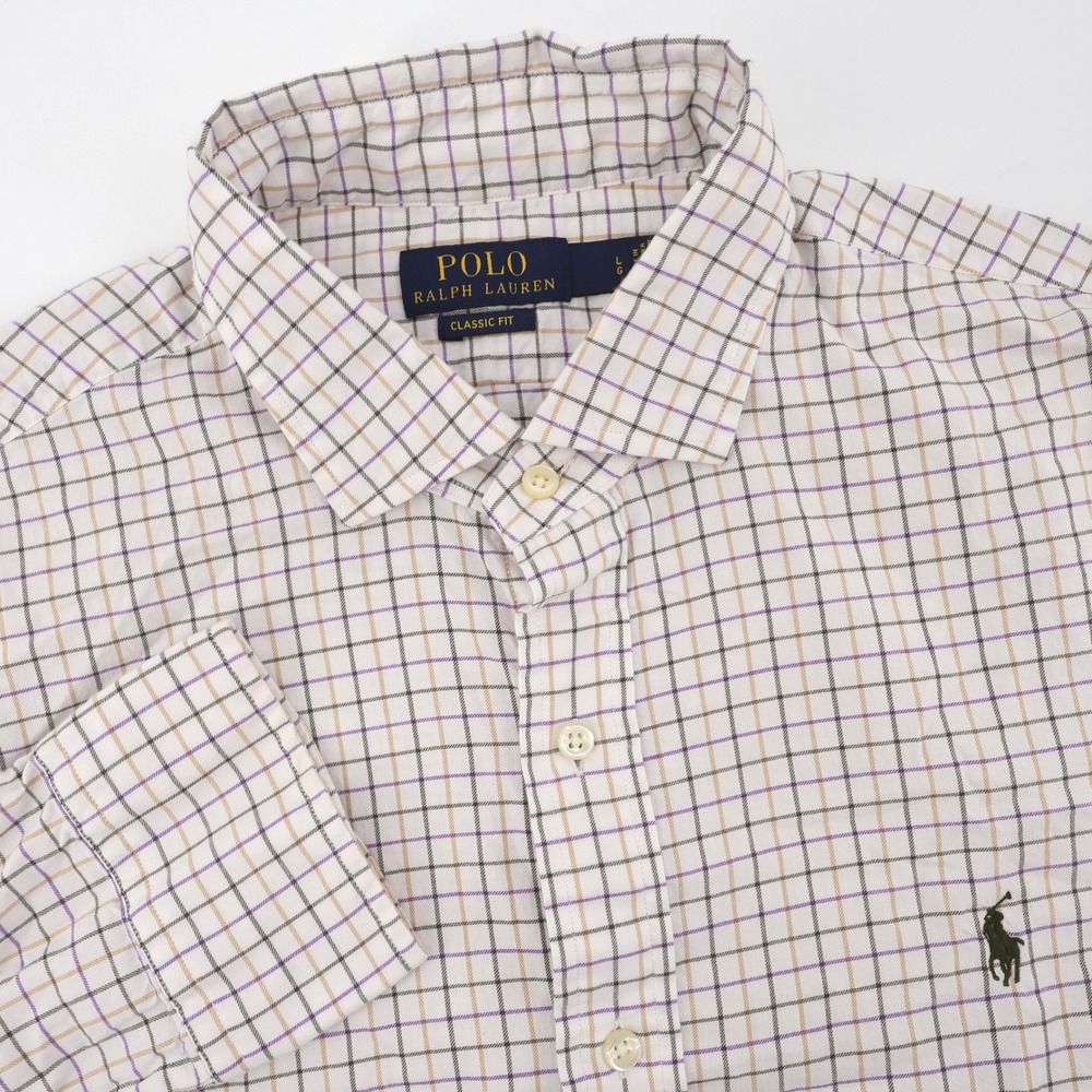 Polo Ralph Lauren Classic Fit Tattersall Shirt White Purple Long Sleeve Mens L